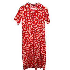 WEDNESDAYS GIRL Womens Red Daisy Boho Print Button Up Maxi Short Sleeve Dress